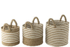 J-Line Set Van Drie Manden Gestreept Raffia Wit/Naturel