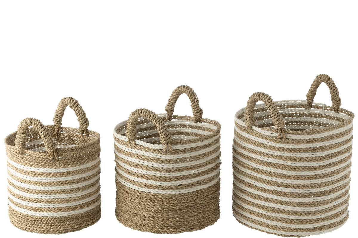 J-Line Set Van Drie Manden Gestreept Raffia Wit/Naturel