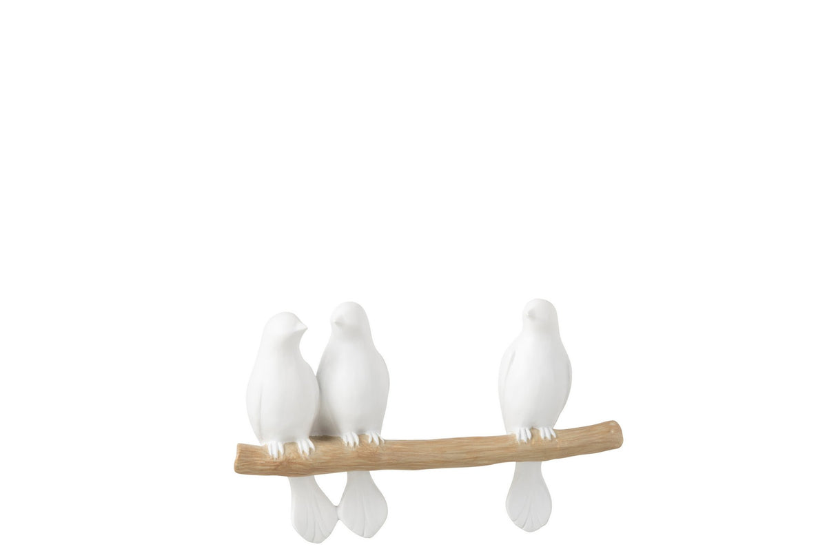 J-Line decoratie 3 Vogels On Tak - polyresin - wit/naturel