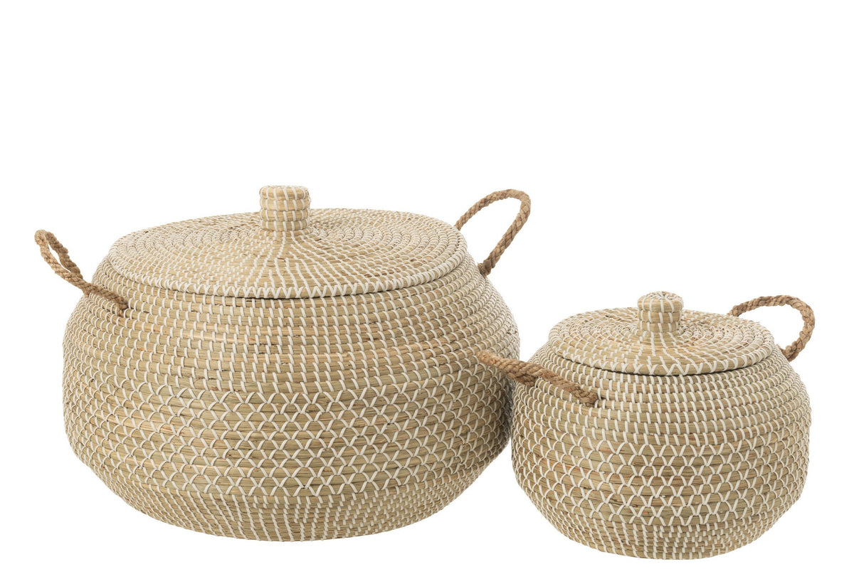 J-Line Set Van 2 Mand Handvat+Deksel Zeegras/Plastic Naturel/Wit