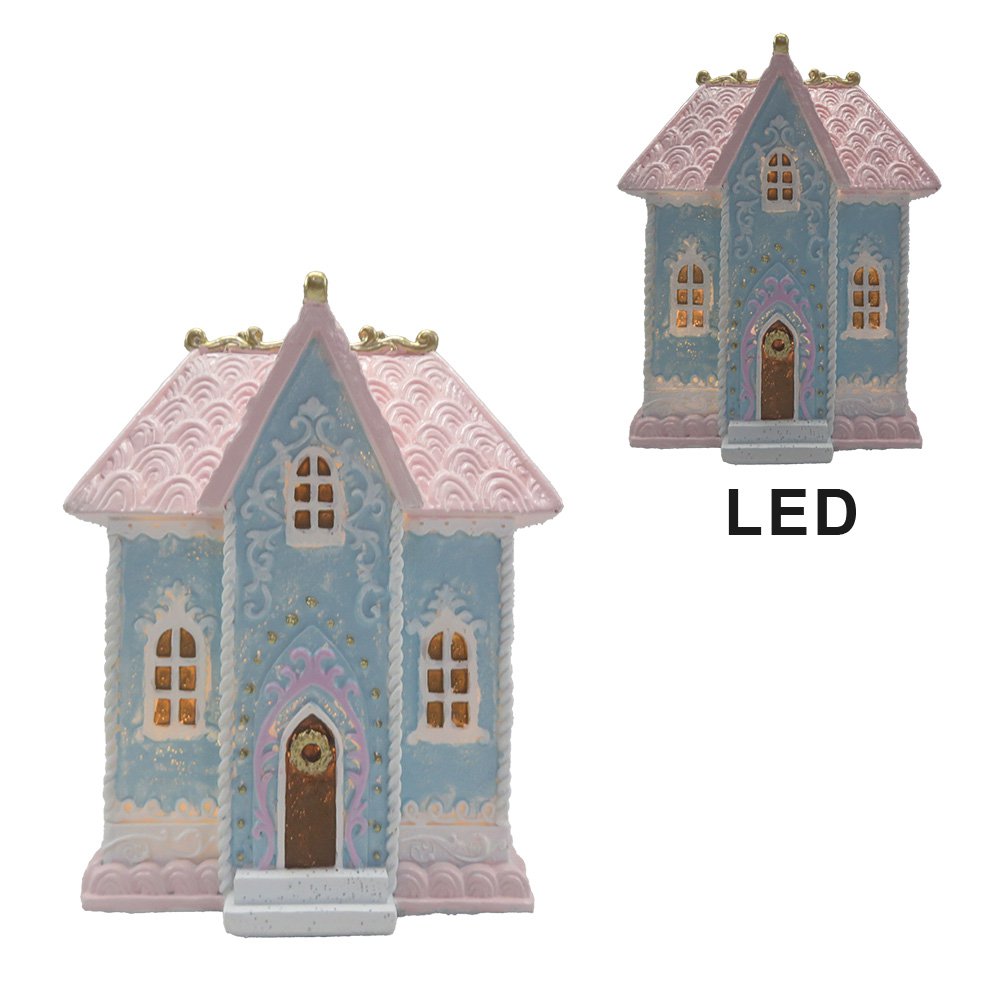Gingerbread house met LED 12x9x15 cm Blauw Polyresin