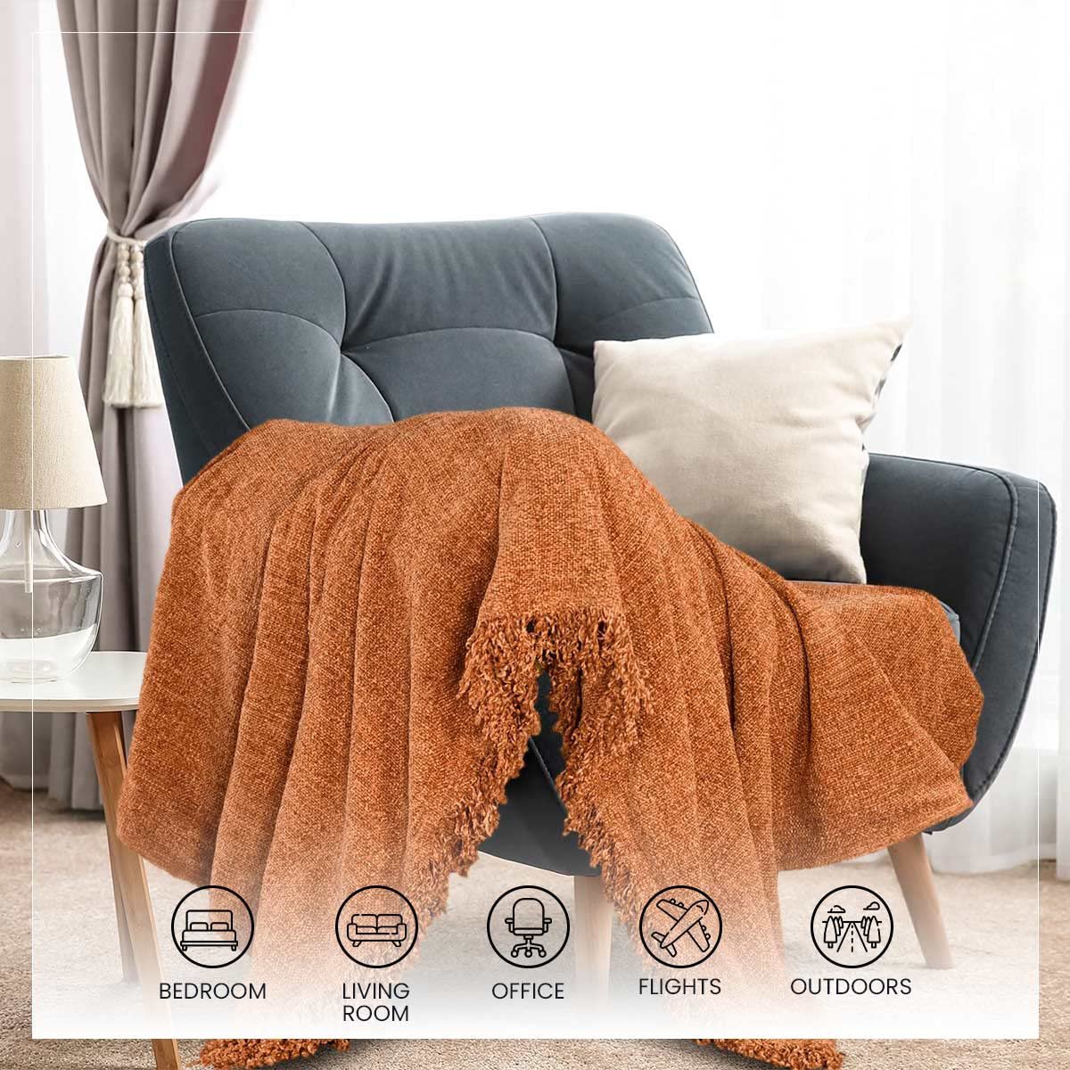 Roestkleurige chenille-stijl deken – polyester wafelweefsel – duurzaam, 130x180 cm – verpakking 1