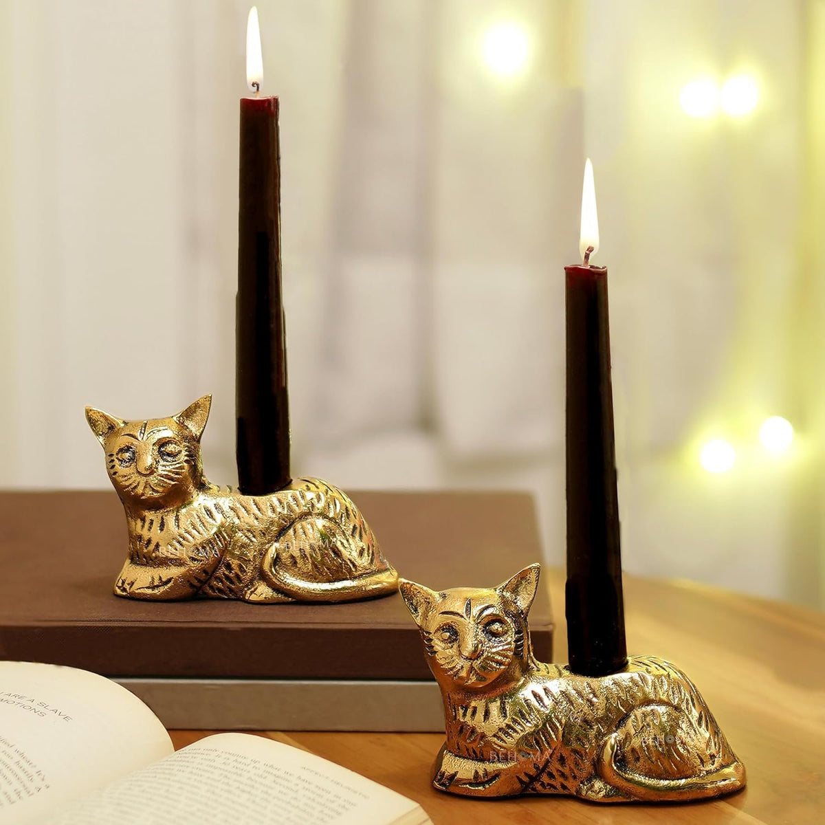 Aluminium kat beeldje kaarsenhouder set – antiek goud – 13 cm hoog, verpakking van 2