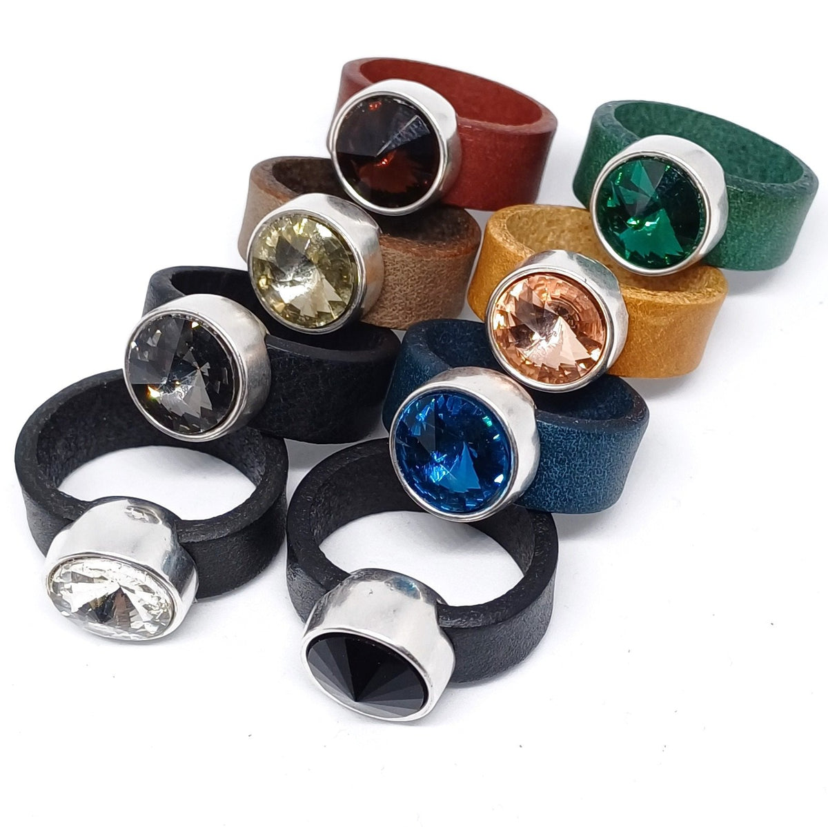 Leren ring 12mm glaskristal (set van 8 stuks)