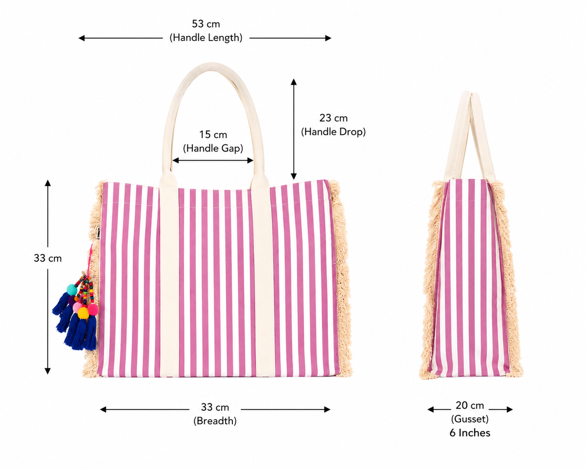 Tote Bag - Boho Gestreepte Canvas Strandtas – Grote Milieuvriendelijke Herbruikbare (54 x 18 x 34 cm)