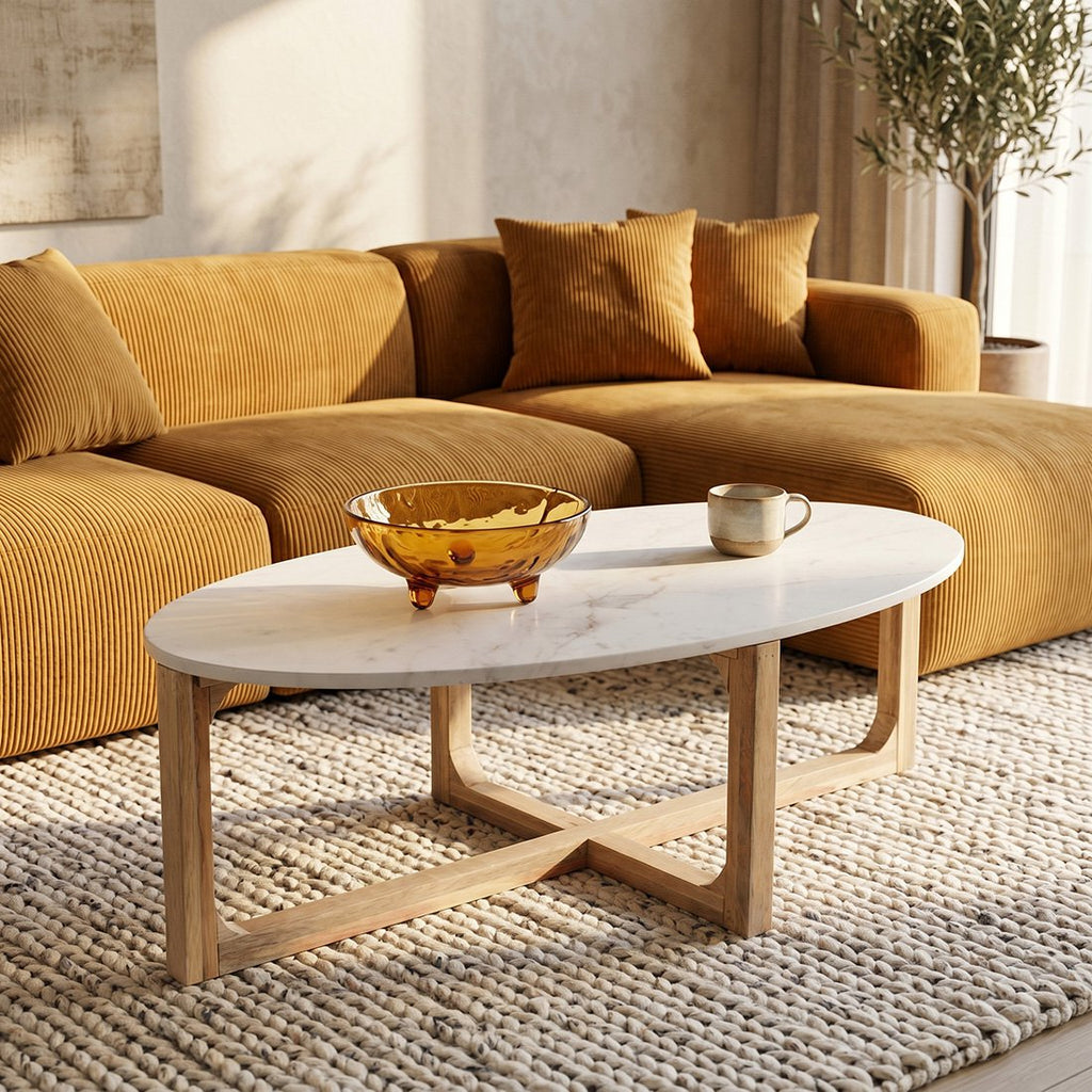 Ovale marmeren salontafel - Wit - 120x60x38 cm