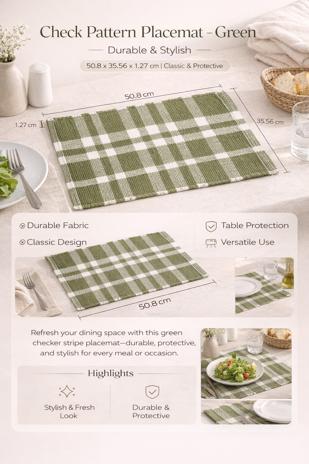 Placemat met groene geruite strepen – Duurzame polyester tafelmat