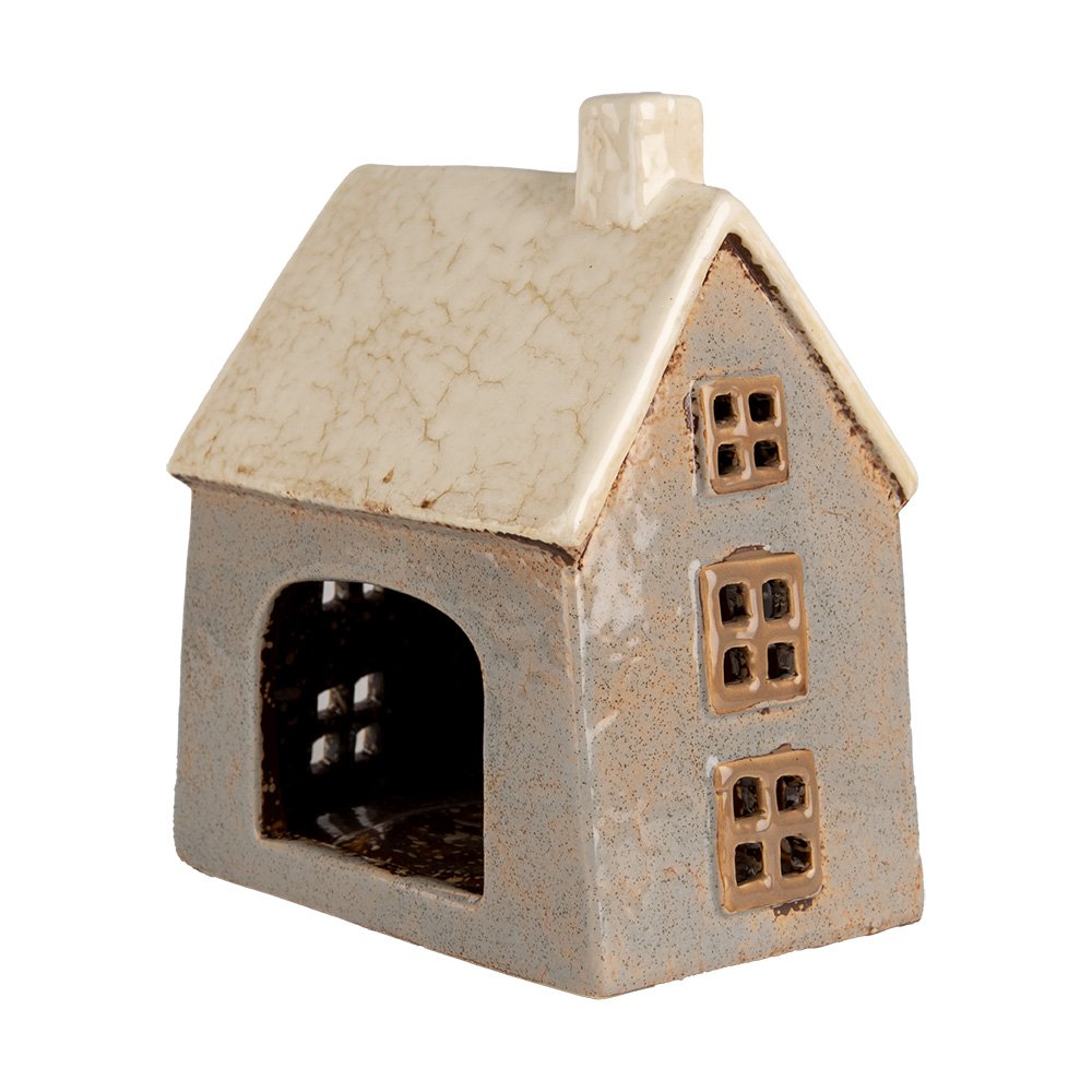 Waxinelichthouder Huis 15x10x17 cm Grijs Beige Keramiek Theelichthouder