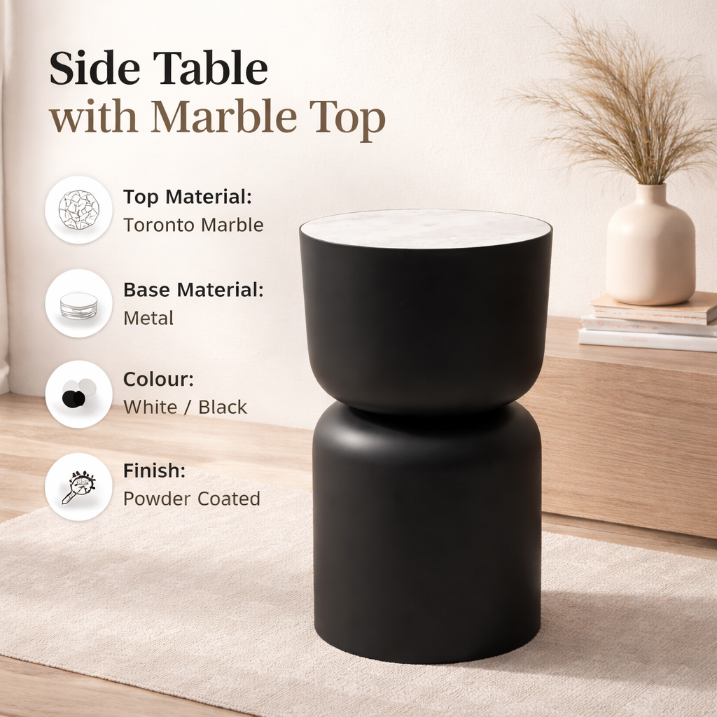 Marmeren Drum Bijzettafel - Zwart Ijzer - Modern Design