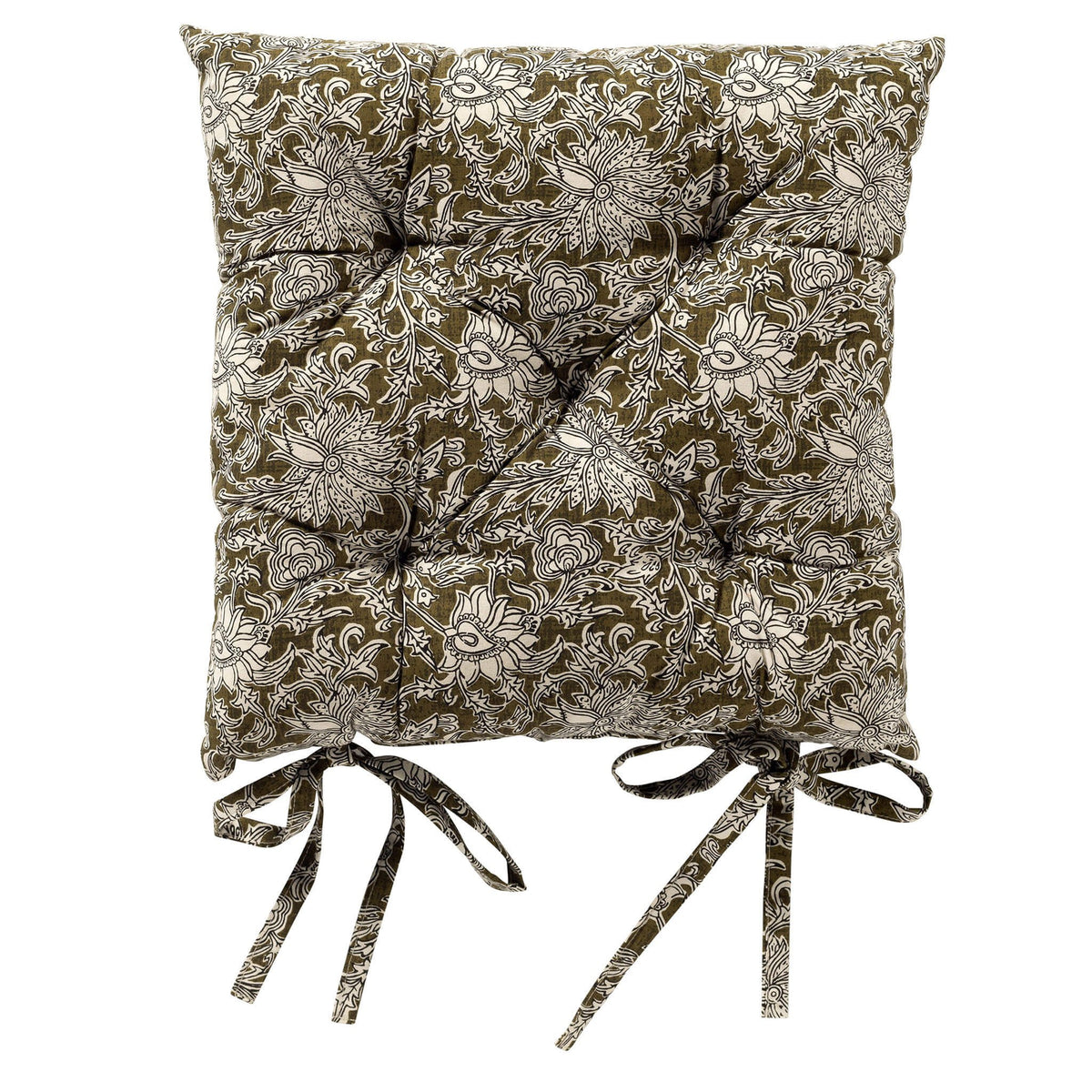 Dutch Decor Joelle - Stoelkussen 40x40 cm - Bloemmotief - Met striklinten - Groen Mos - Groen