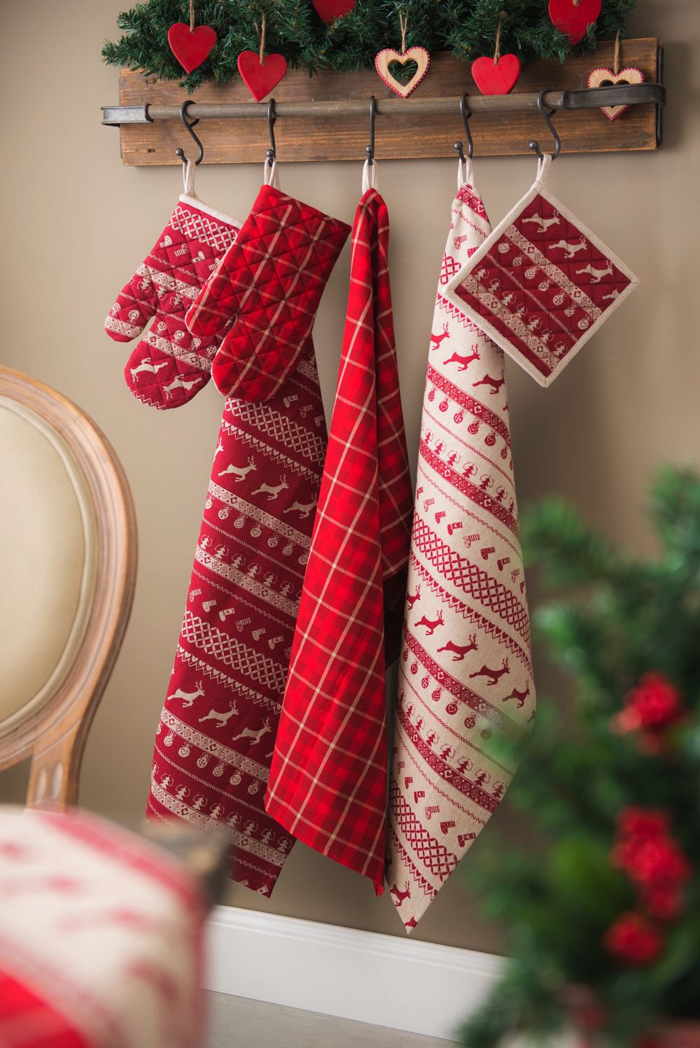 Theedoek 50x85 cm Rood Beige Katoen Kerst Vaatdoek