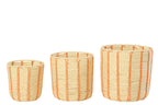 J-Line mand Rond Gestreept - ijzer/papier - naturel/oranje - set van 3