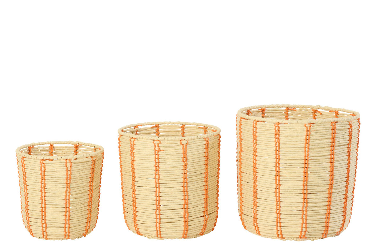 J-Line mand Rond Gestreept - ijzer/papier - naturel/oranje - set van 3
