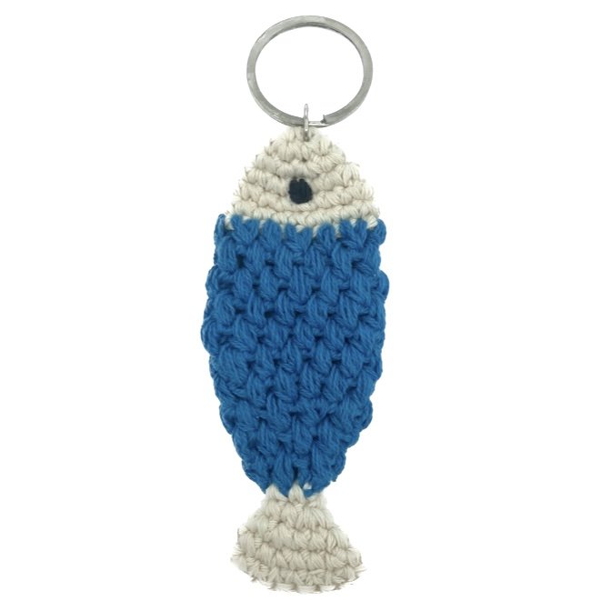 Luna-Leena sleutelhanger vis - tasbedel - blauw - biologisch katoen - hand gehaakt in Nepal - tassenhanger