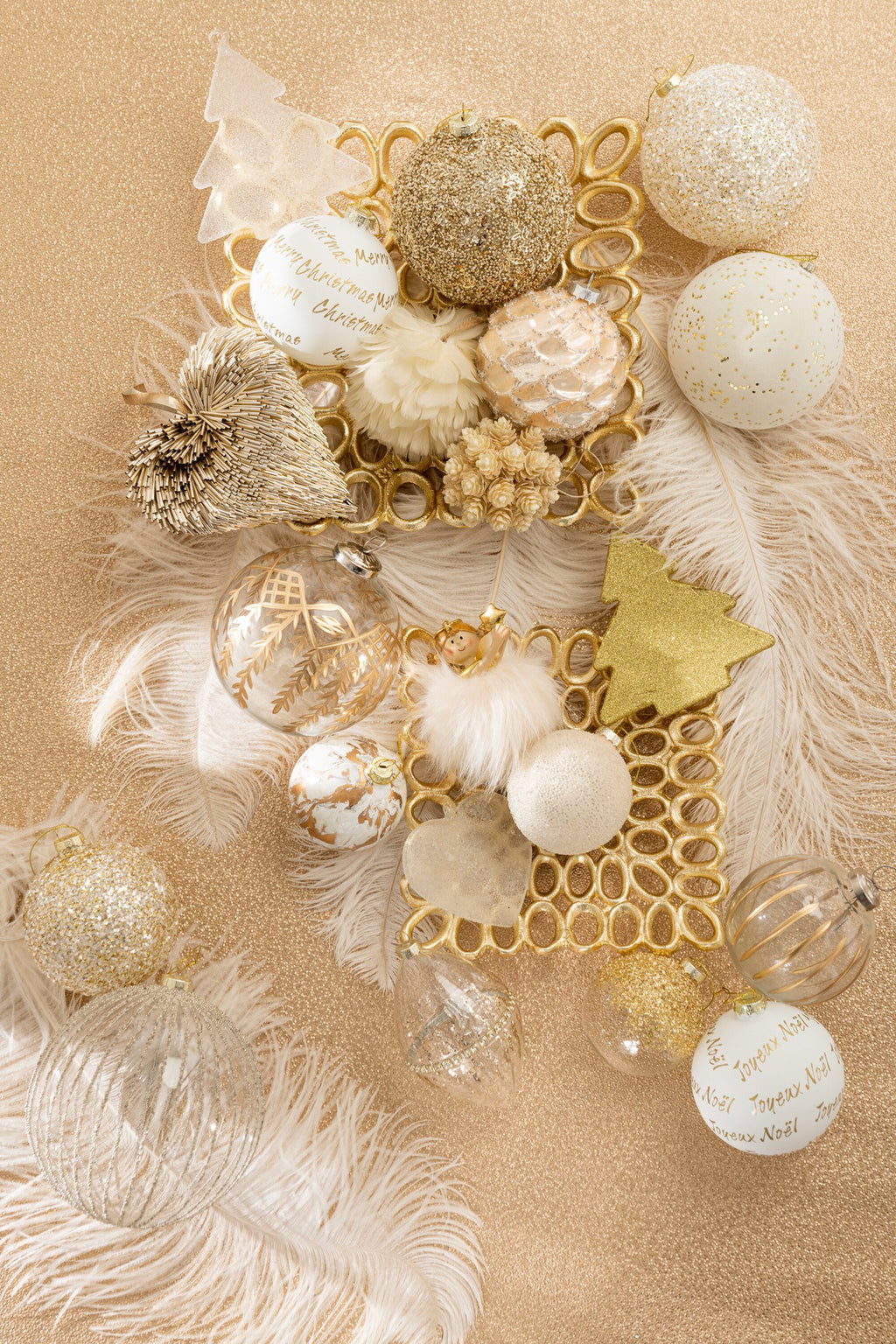 J-Line kerstbal Marmerlook - glas - wit/goud - small - doos van 6