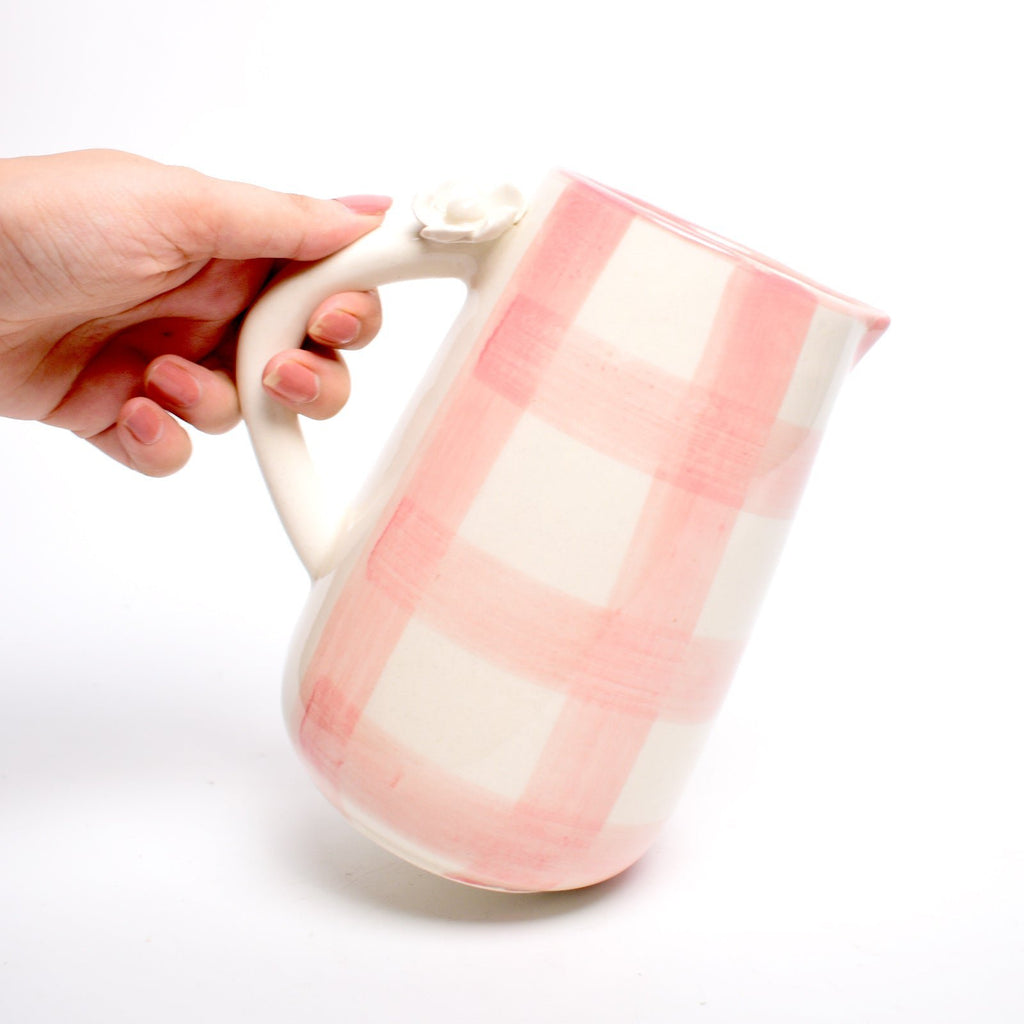 Kruik | Keramiek Handgeschilderde Daisy Check | 800ml Roze