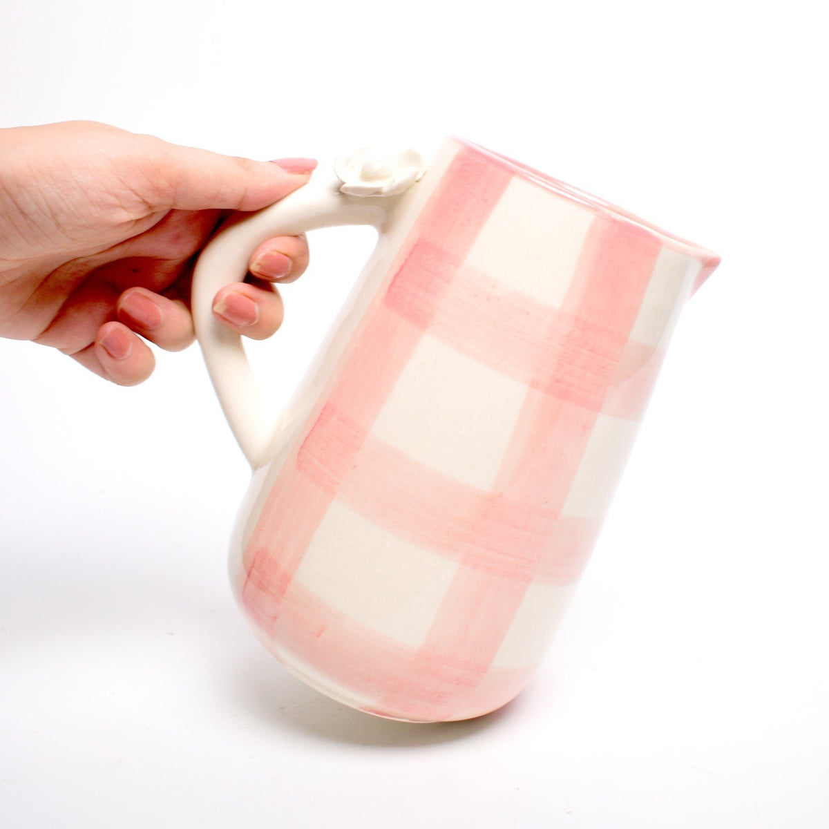 Kruik | Keramiek Handgeschilderde Daisy Check | 800ml Roze