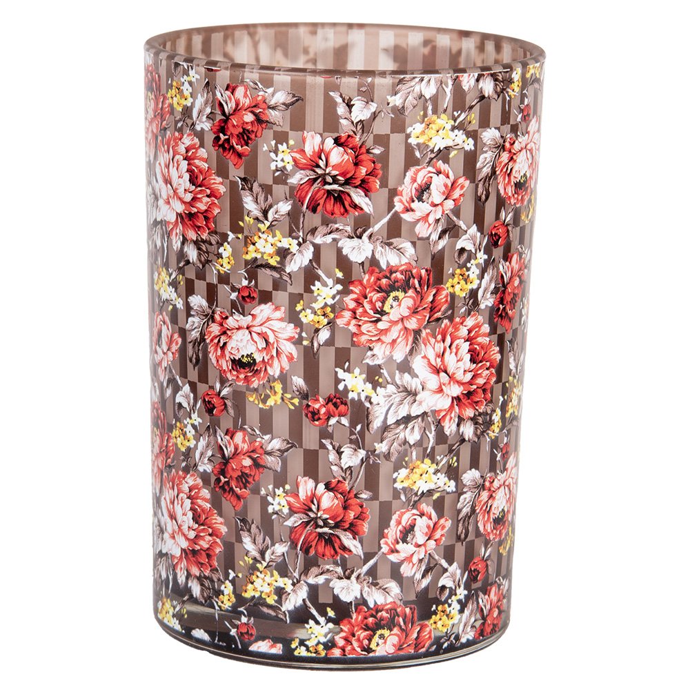 Theelichthouder Ø 12x18 cm Bruin Rood Glas Bloemen