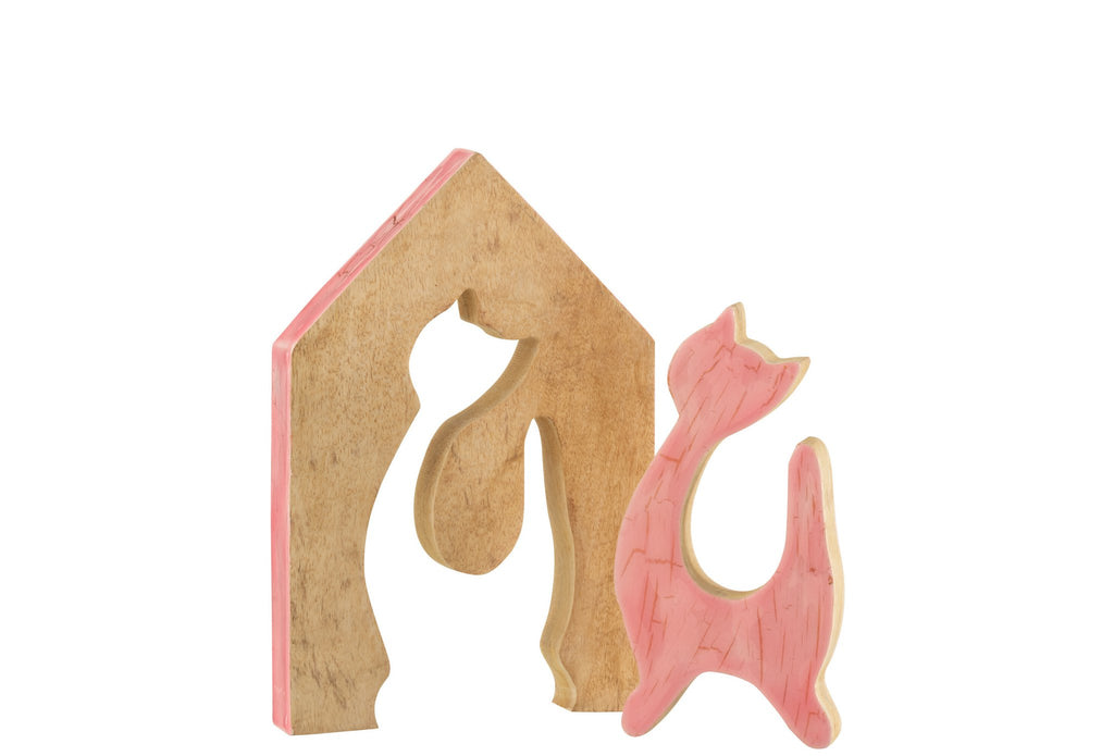 J-Line decoratie Huis Kat - hout - roze/naturel - large
