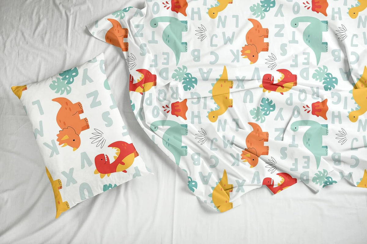 Lakenset voor eenpersoonsbedden - 100% katoen 144TC - Dino-print met alfabet voor kinderen