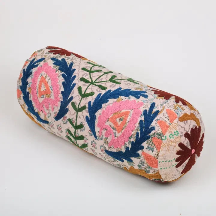Bolsterkussen van katoen met bloemenborduurwerk, meerkleurig 53 x 20
