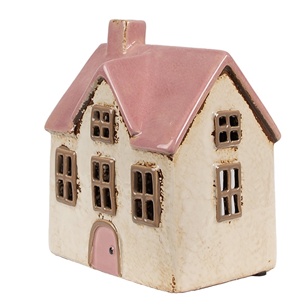 Waxinelichthouder Huis 13x10x16 cm Beige Roze Keramiek Theelichthouder