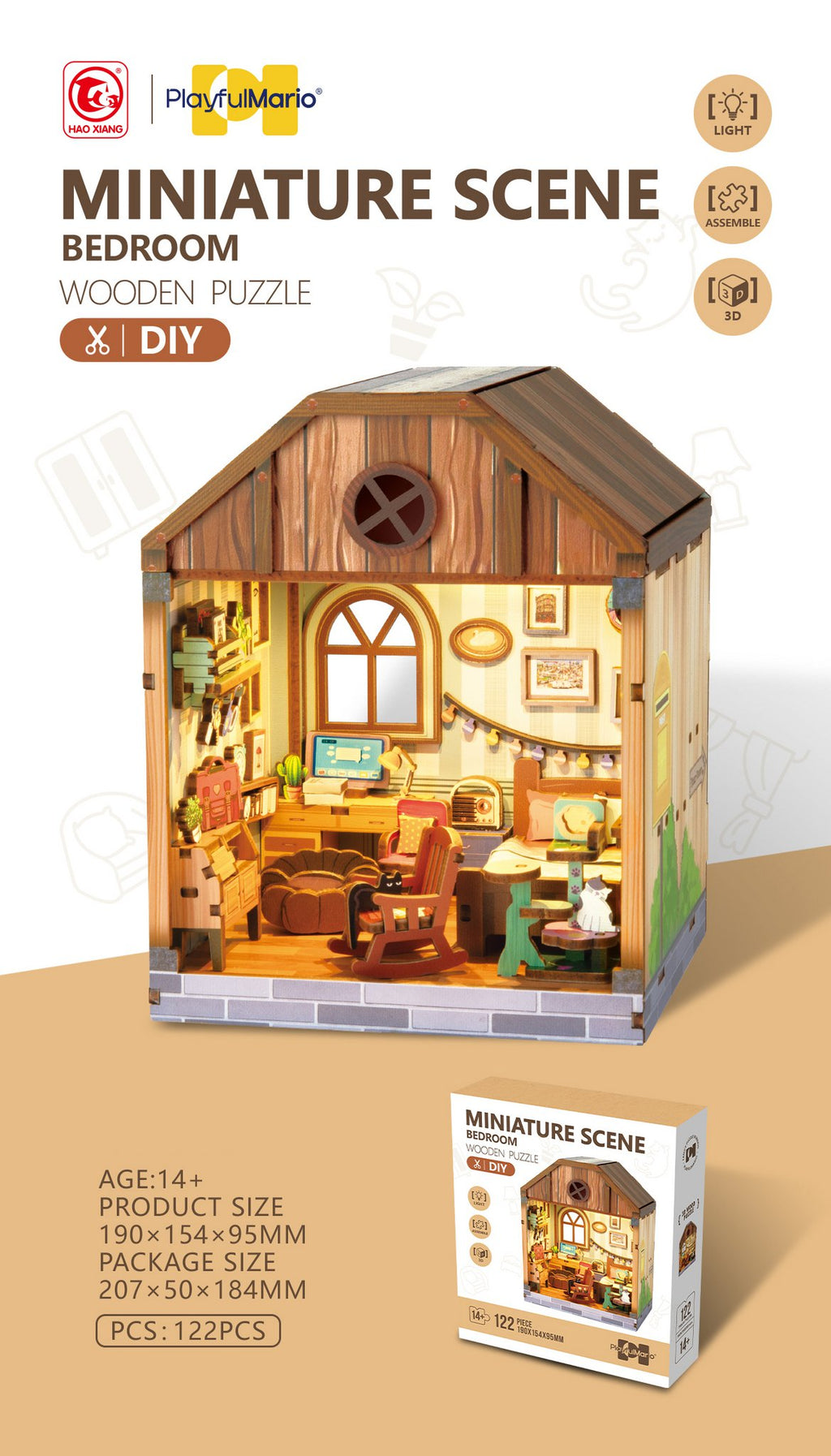 DIY Miniature Scene 3D Bedroom Slaapkamer met LED- verlichting- MDF