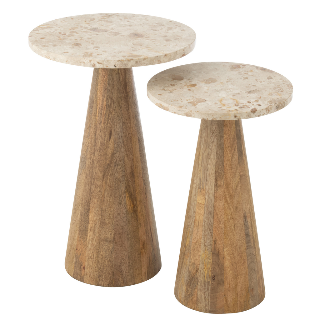 J-Line bijzettafel Rond Marmer - hout - beige/bruin - set van 2