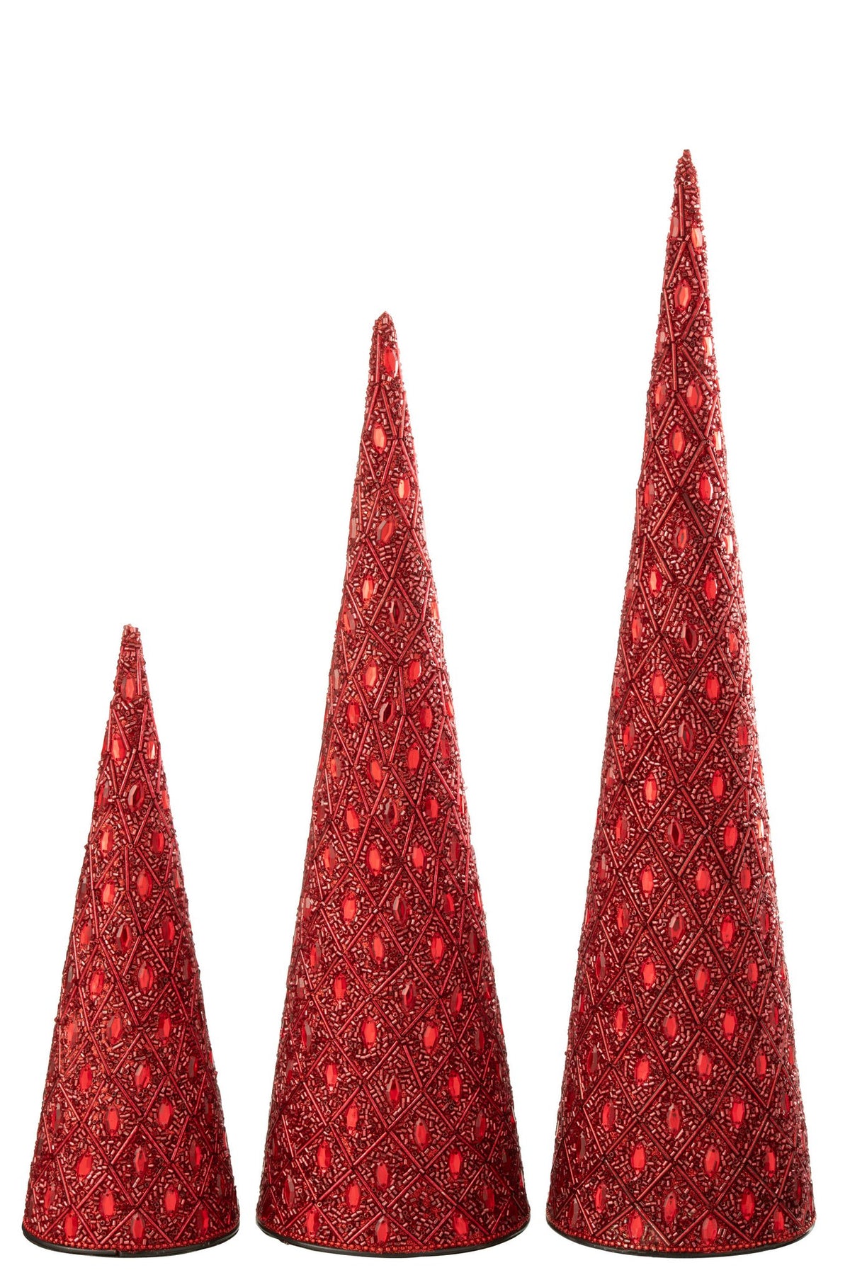 J-Line decoratie Kegel - ijzer/kralen - kerstrood - set van 2