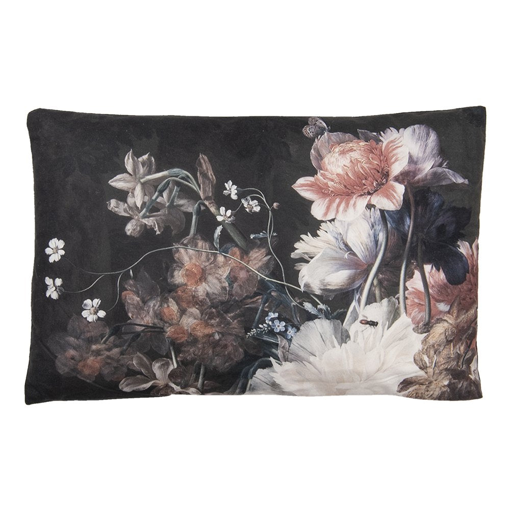 Sierkussen 60x40 cm Zwart Wit Polyester Bloemen Kussenhoes met Kussenvulling