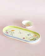 Handbeschilderd keramisch ovaal serveerbord - met notenkom, bloemen, 24,5x12cm