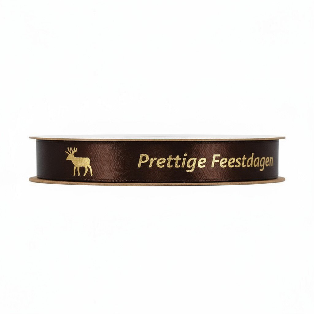 Satijn lint – Prettige Feestdagen – Bruin - 15mm x 100m