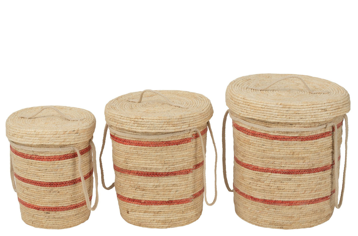 J-Line Set Van 3 Mand Strepen+Deksel Maïs Naturel/Rood