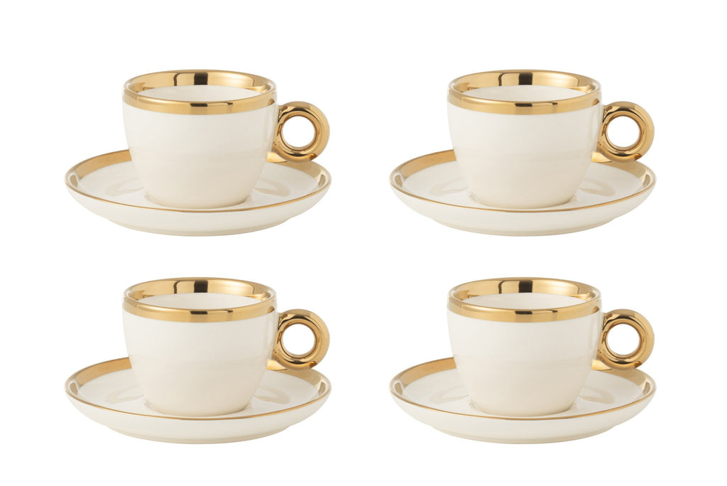 J-Line Doos Van 4 Kopjes+Schotel Keramiek Wit/Goud