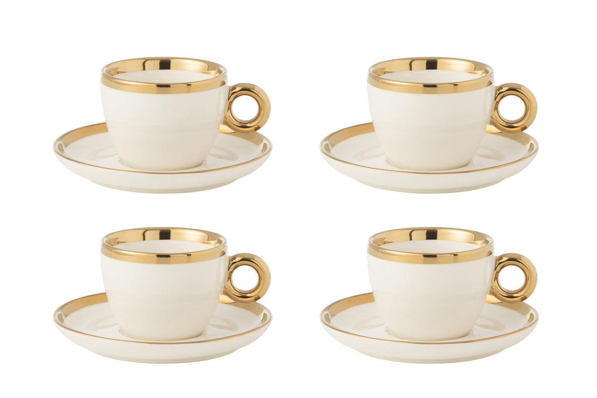 J-Line Doos Van 4 Kopjes+Schotel Keramiek Wit/Goud