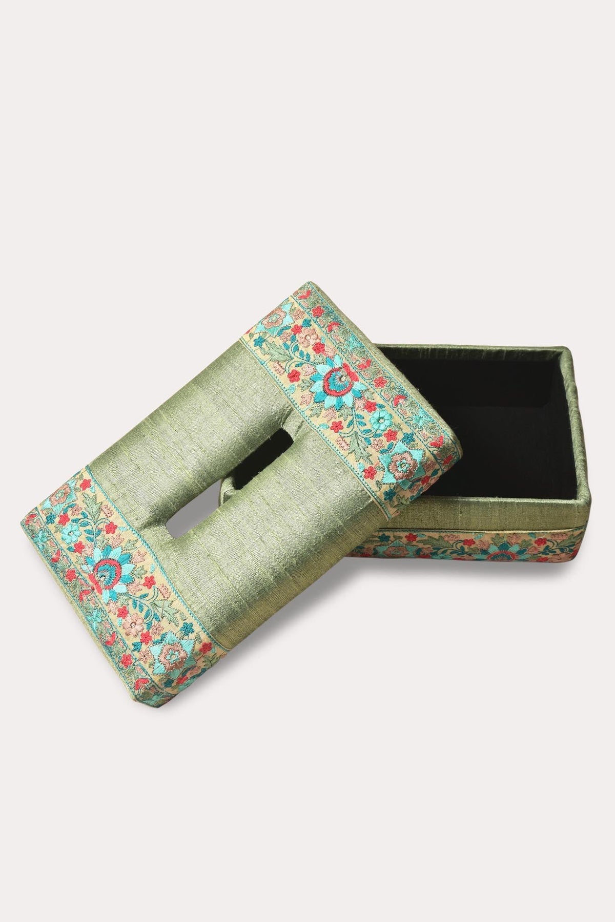 Dupion Zijden Tissue Box - Handgeweven, Bloemenborduurwerk