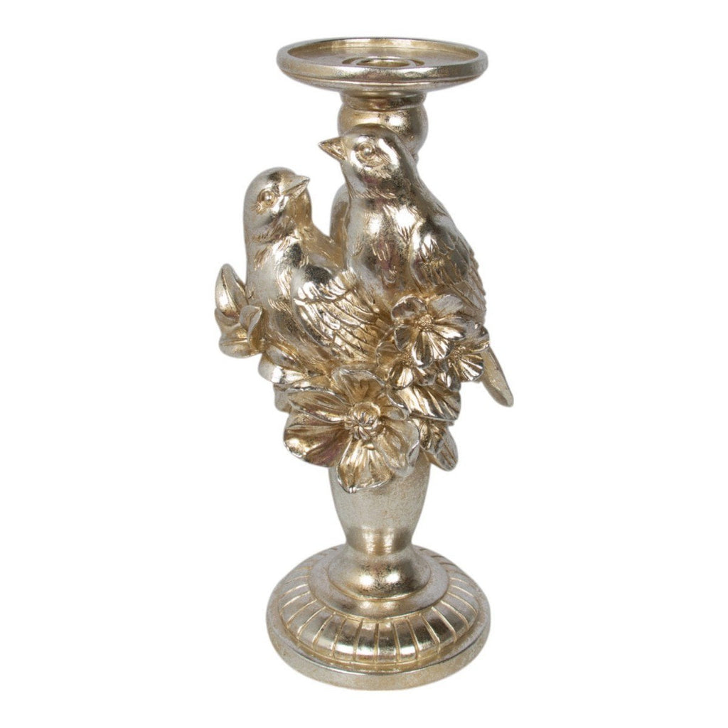 Kaarsenhouder 2 vogels met bloem hars zilver 13,6x11x28,7cm