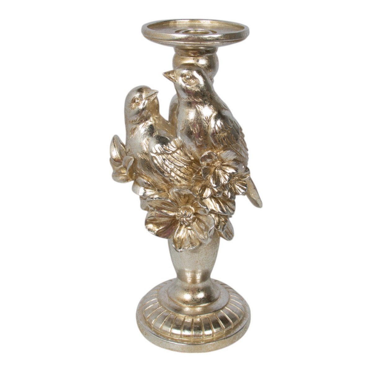 Kaarsenhouder 2 vogels met bloem hars zilver 13,6x11x28,7cm