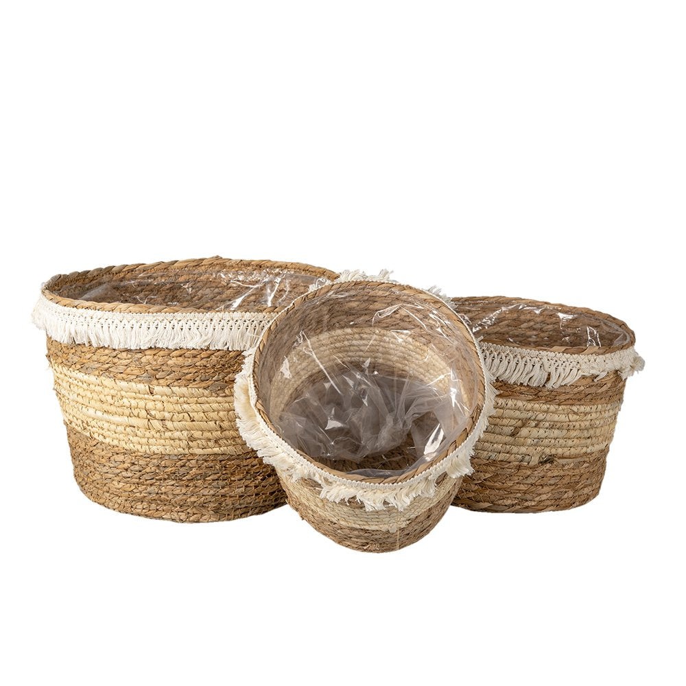 Opbergmand Set van 3 Ø 32 Ø 28 Ø 24 cm Bruin Stro Plantenhouder
