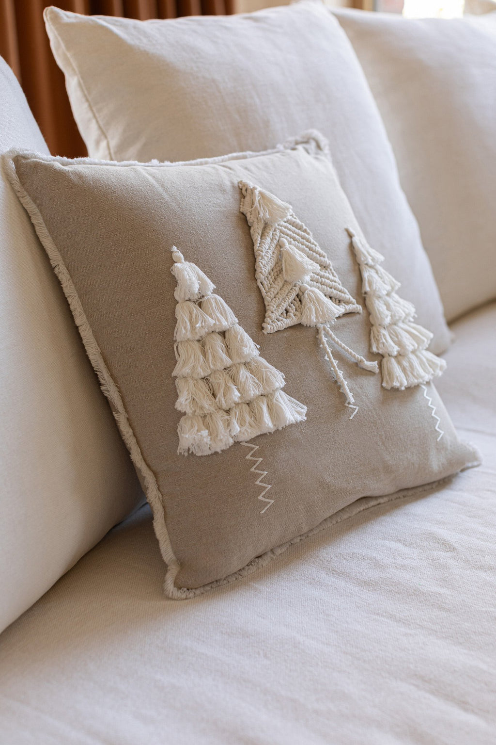 J-Line kussen Kerstbomen Kwasten - katoen - beige/wit
