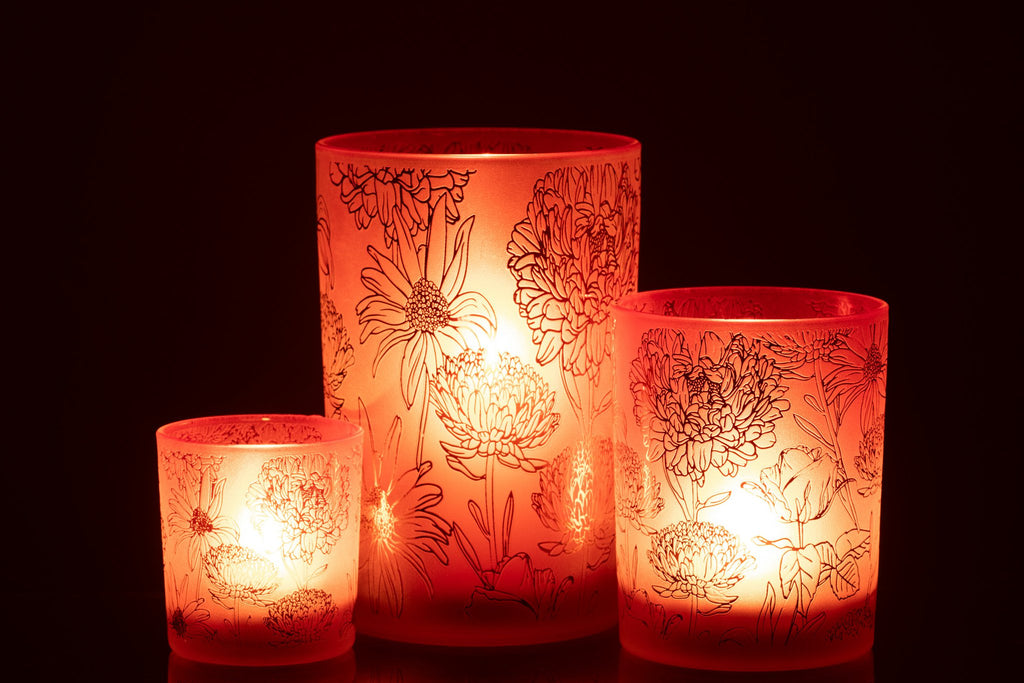 J-Line windlicht bloemen - glas - mat rood/goud - large