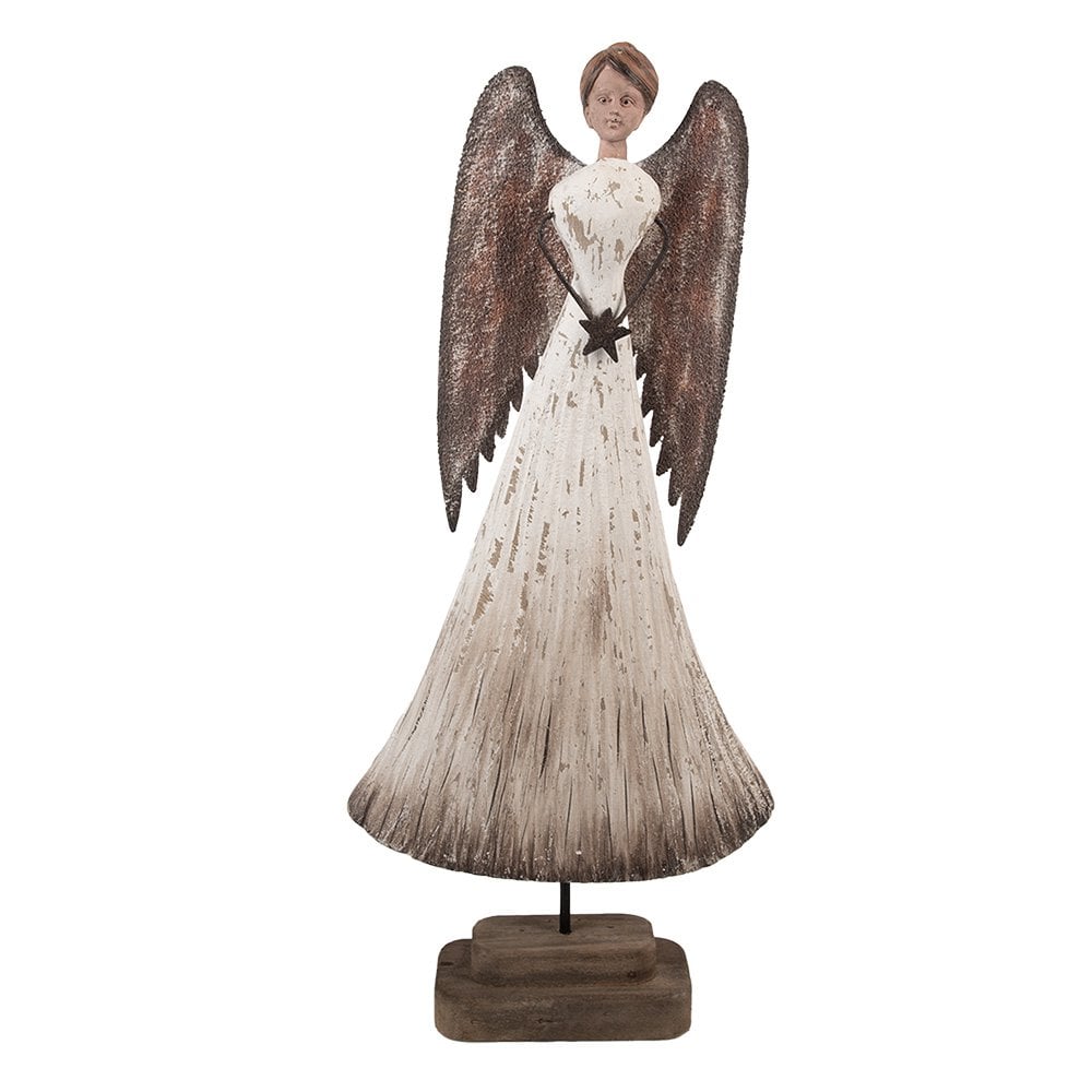 Decoratie Beeld Engel 19x6x42 cm Wit Bruin Hout