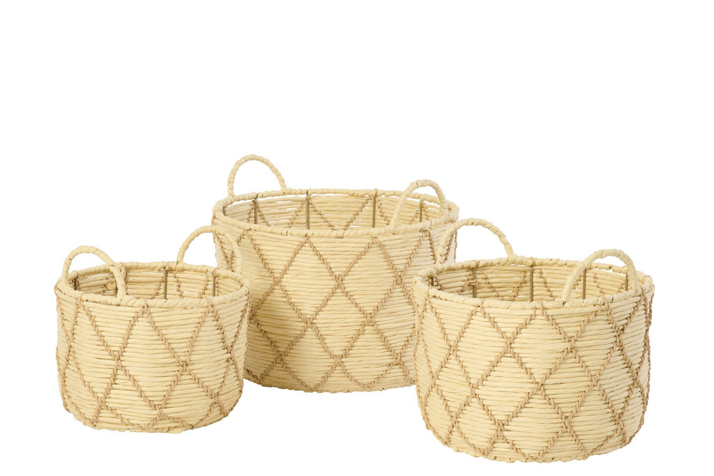 J-Line mand met handvat Rond Geruit - ijzer - naturel - set van 3