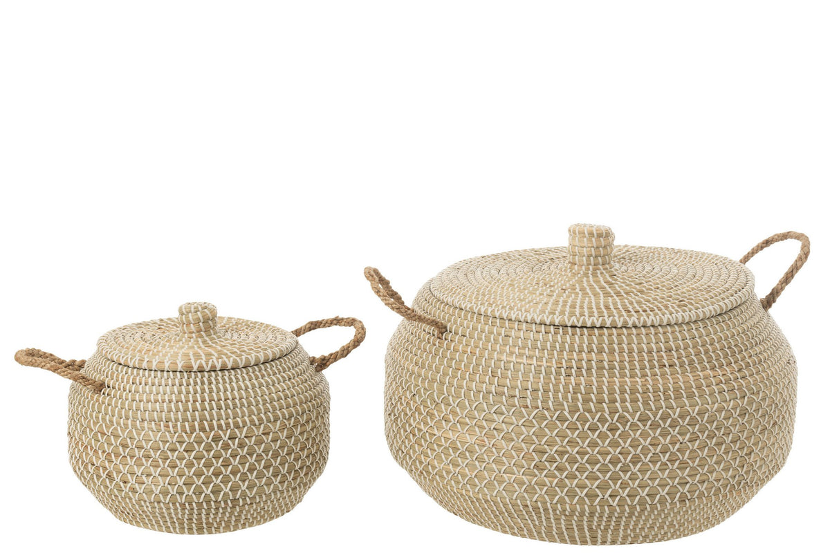 J-Line Set Van 2 Mand Handvat+Deksel Zeegras/Plastic Naturel/Wit