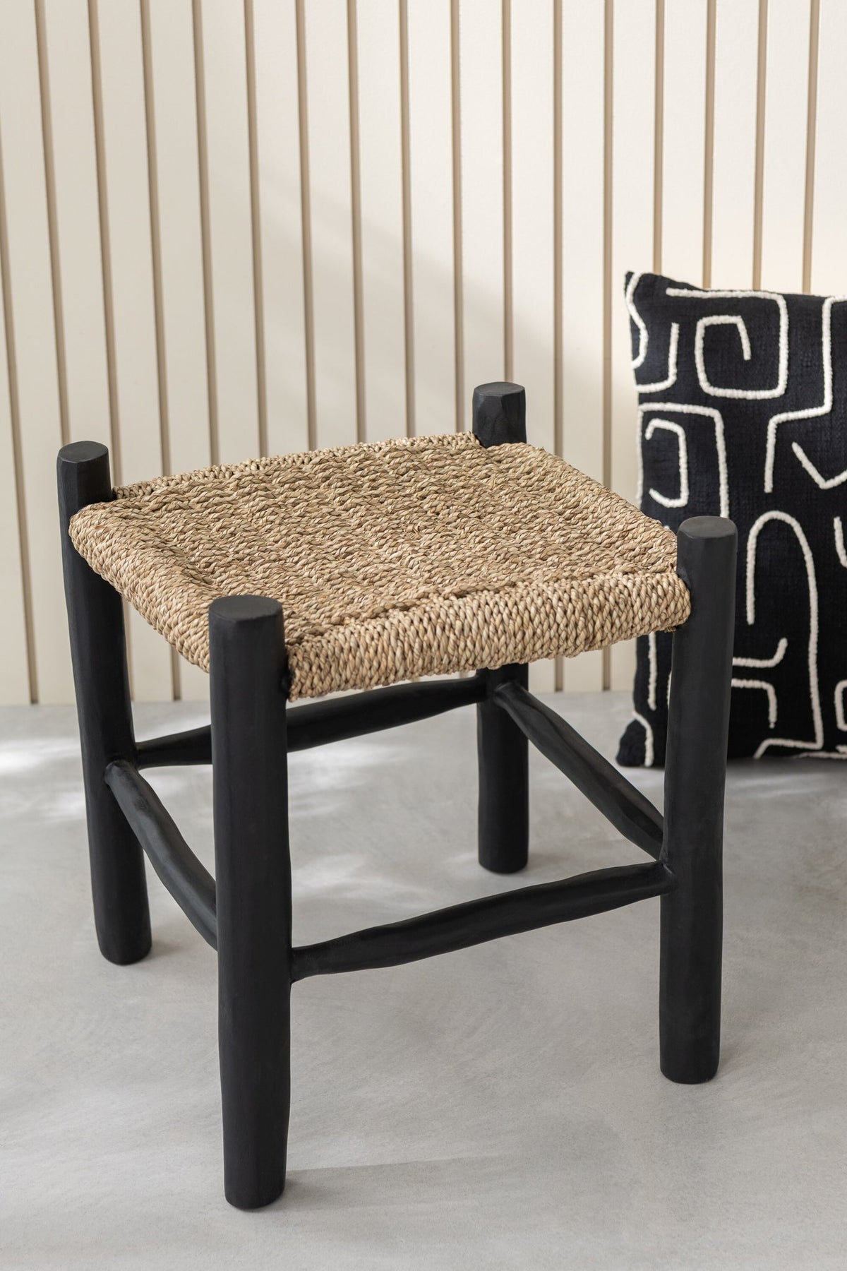 J-Line Poef Vierkant Teak Hout/Zeegras Zwart/Naturel
