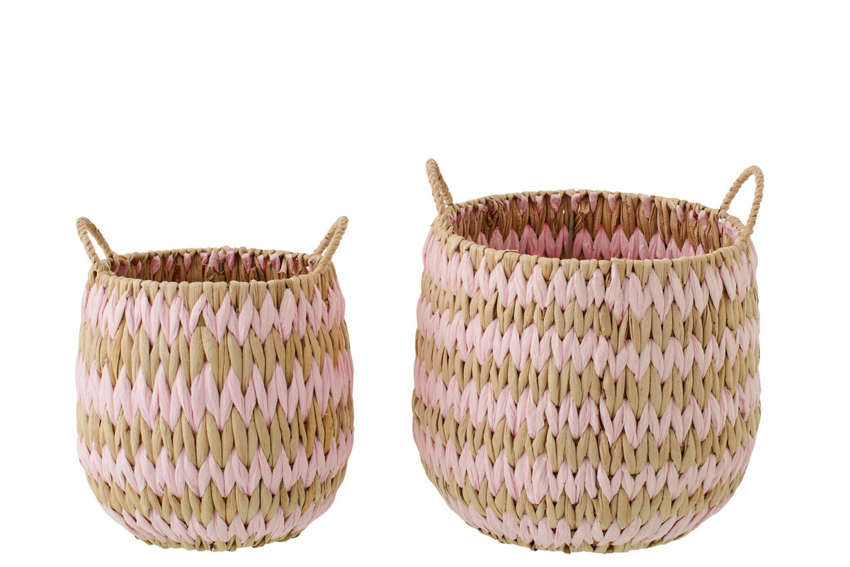 J-Line mand met handvatten Gestreept - papier - naturel/roze - 2 st.