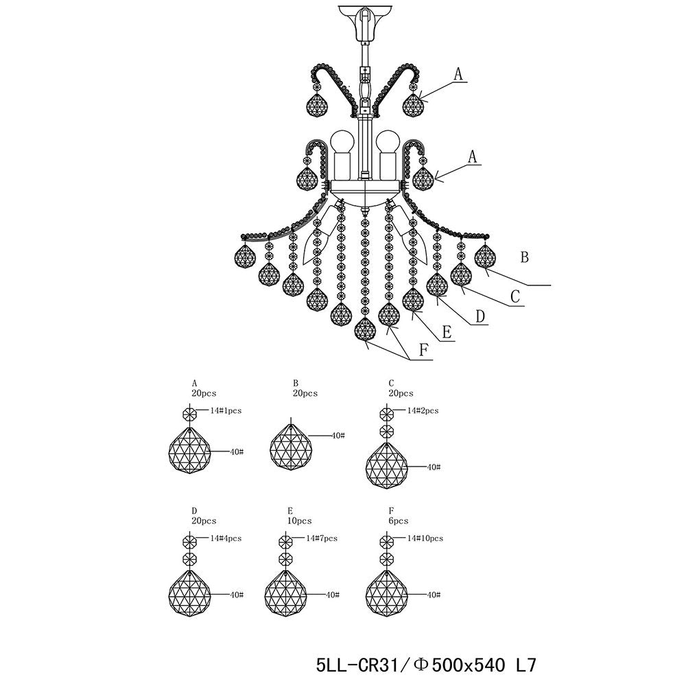 Kroonluchter 60-180 x Ø50 cm Transparant IJzer Hanglamp