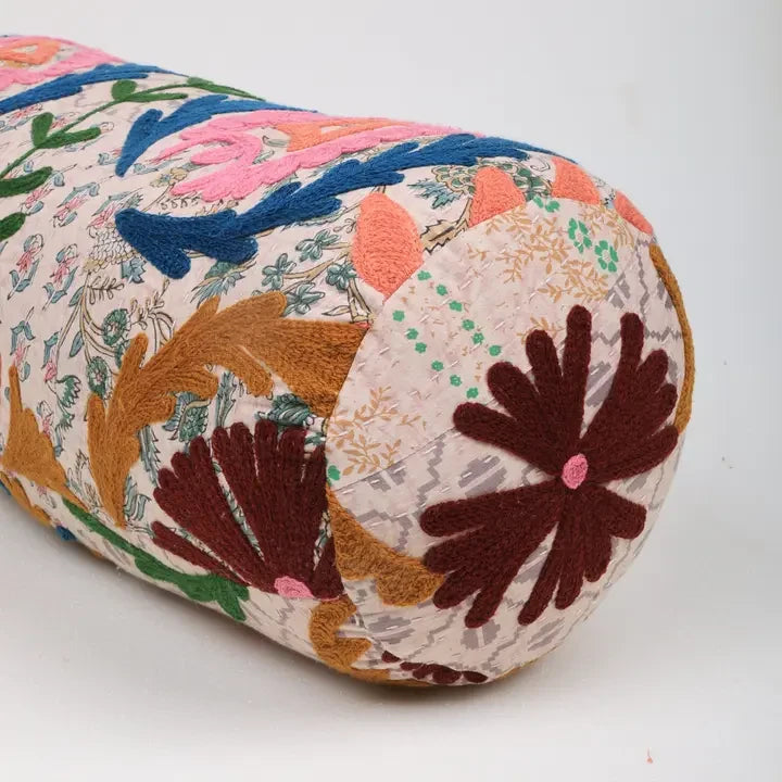 Bolsterkussen van katoen met bloemenborduurwerk, meerkleurig 53 x 20