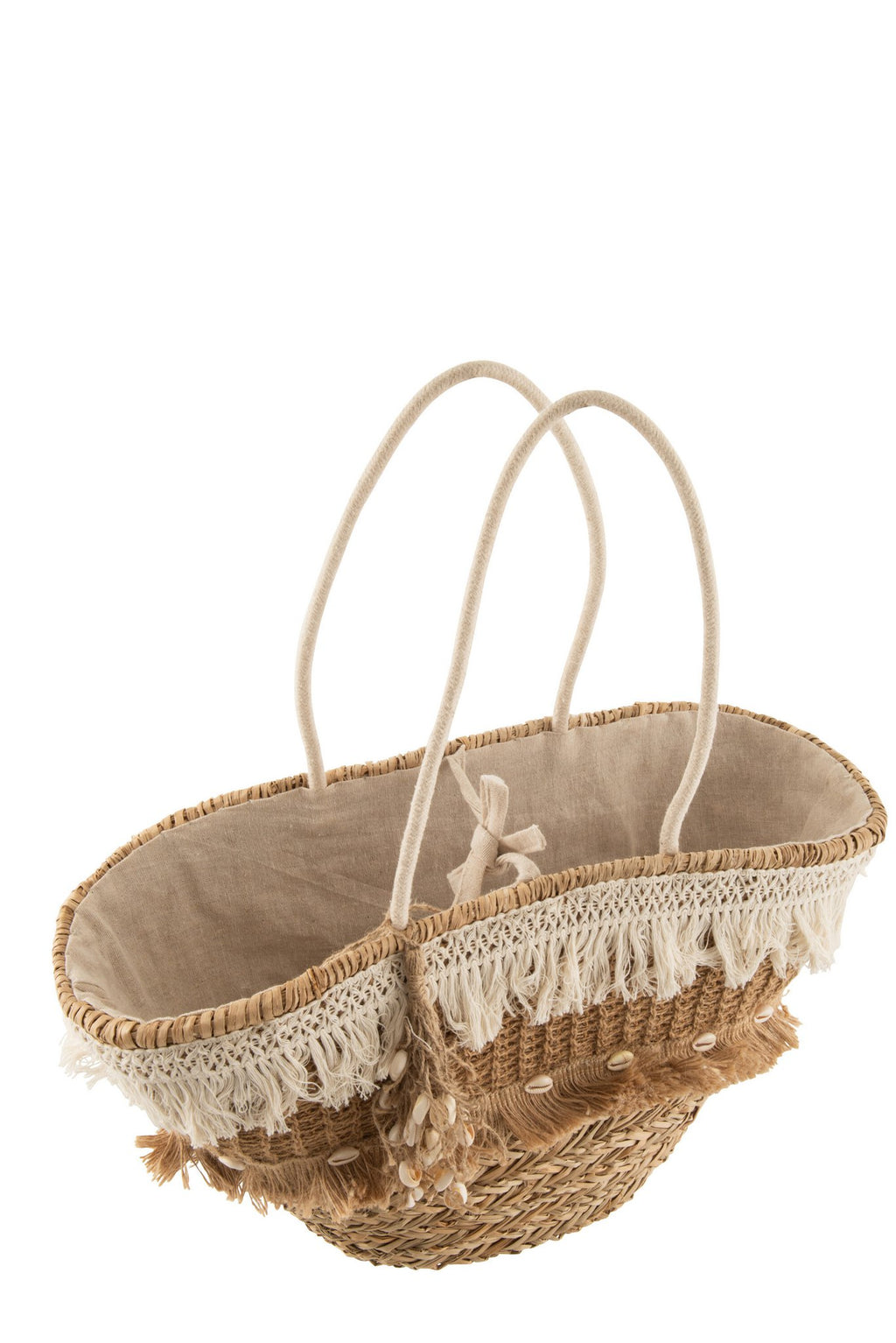 J-Line strandtas Riet Kwastjes - jute - naturel/ecru