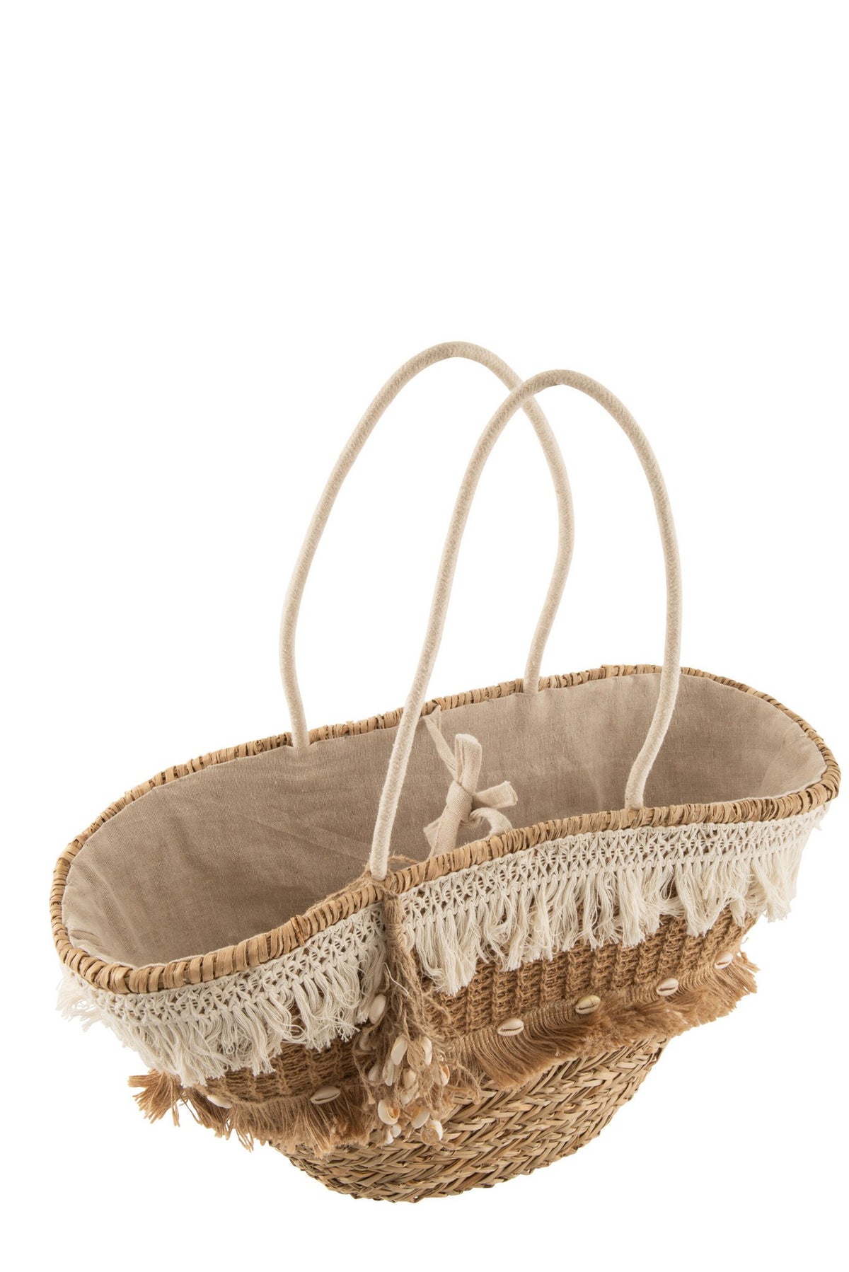 J-Line strandtas Riet Kwastjes - jute - naturel/ecru